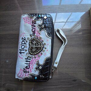 Ladies Black White & Pink Double Zip Around Wallet NEW
